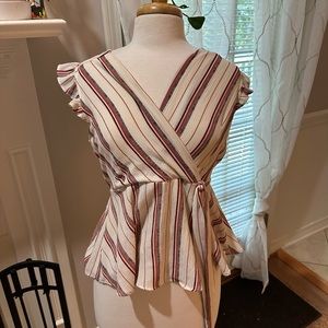 Striped Ruffle Sleeve Wrap Blouse